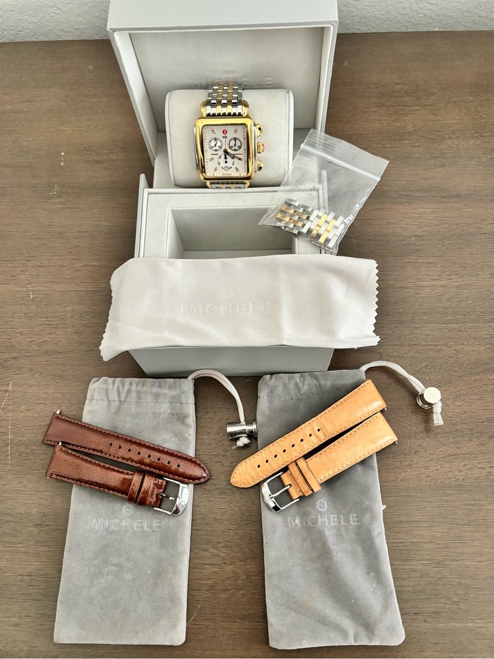 MICHELE 
Deco XL Watch (Includes Two Extra Michele Leather Straps)